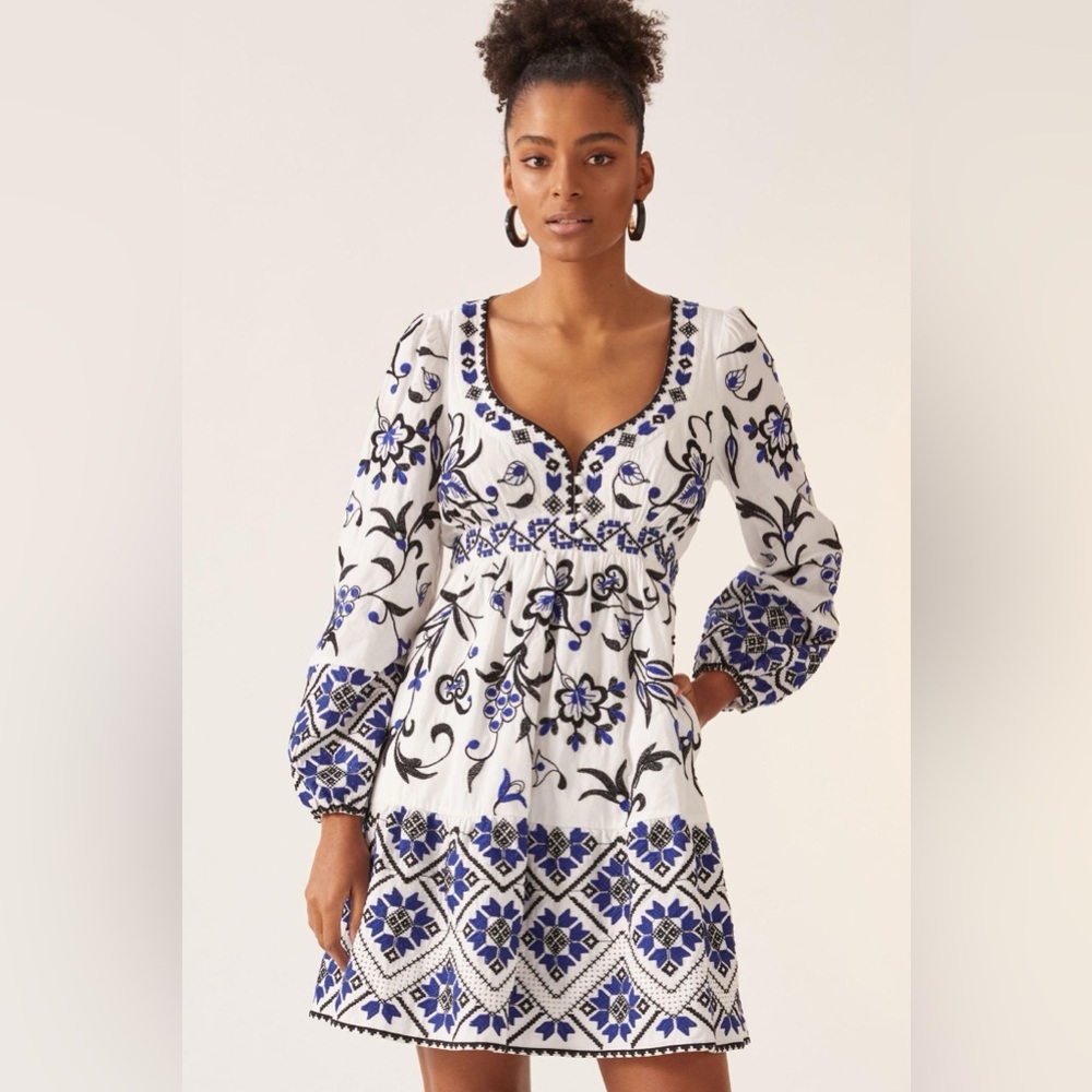 Anthropologie | Sweetheart Embroidered White and Blue Mini Dress